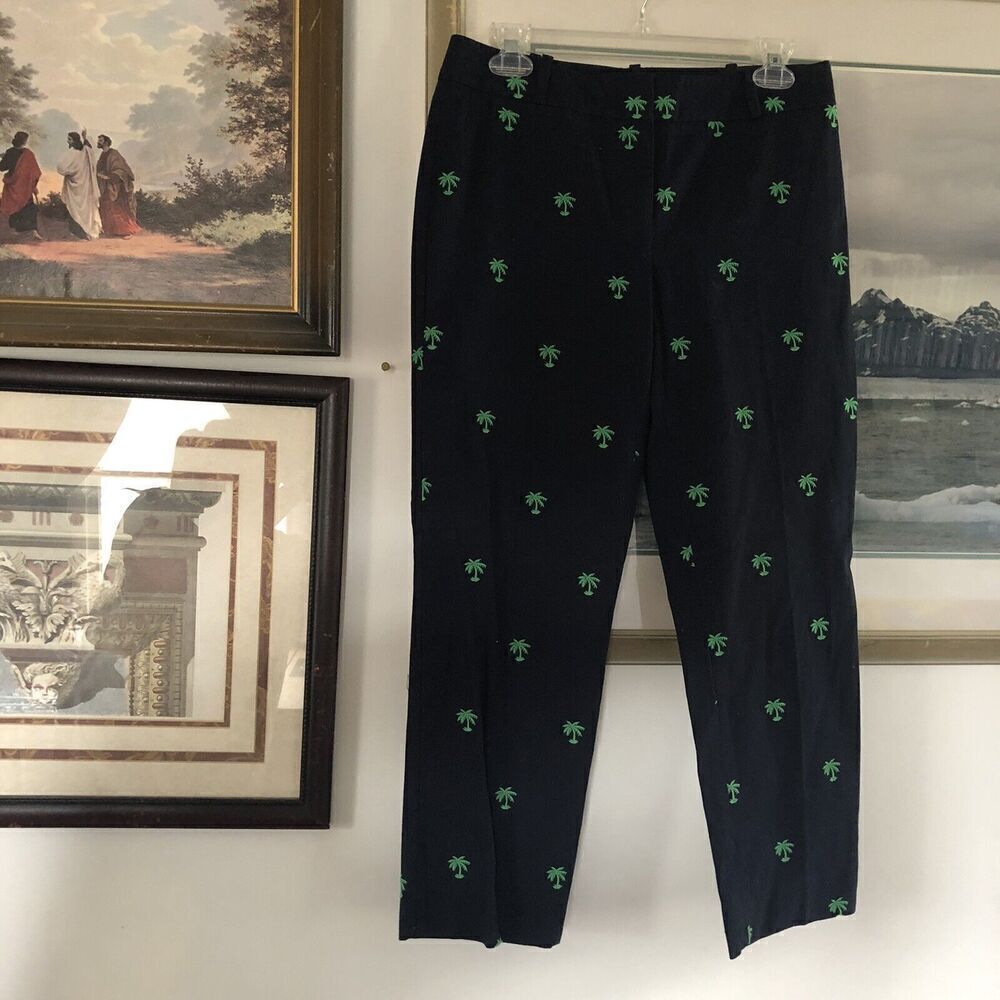 Talbots Signature Cropped Pants Dark Blue Palm Trees Sz 2 a325